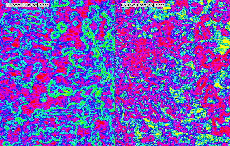 Analýza textury panchromatického kanálu (vlevo metoda IDM, vpravo metoda ENTR)