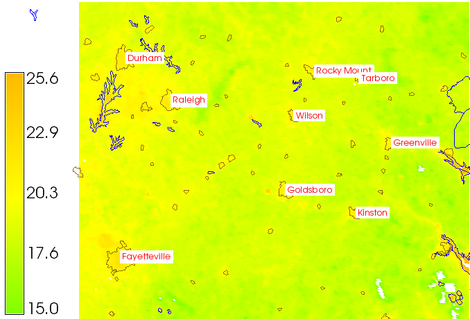Obr. č.1: Teplota povrchu - noc 22:30h, terra_lst_night20020921 (bílá místa představují odfiltrované mraky)
