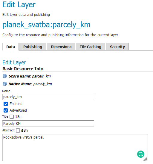 Pulikace vrstvy - nastavení názvu a abstraktu vrstvy